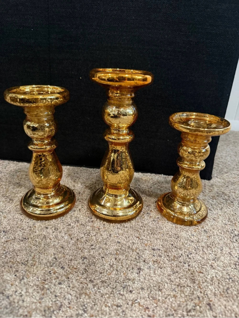 Set of 3 Gold Mercury Glass Candle Holders - Shimmering Decorative Accents